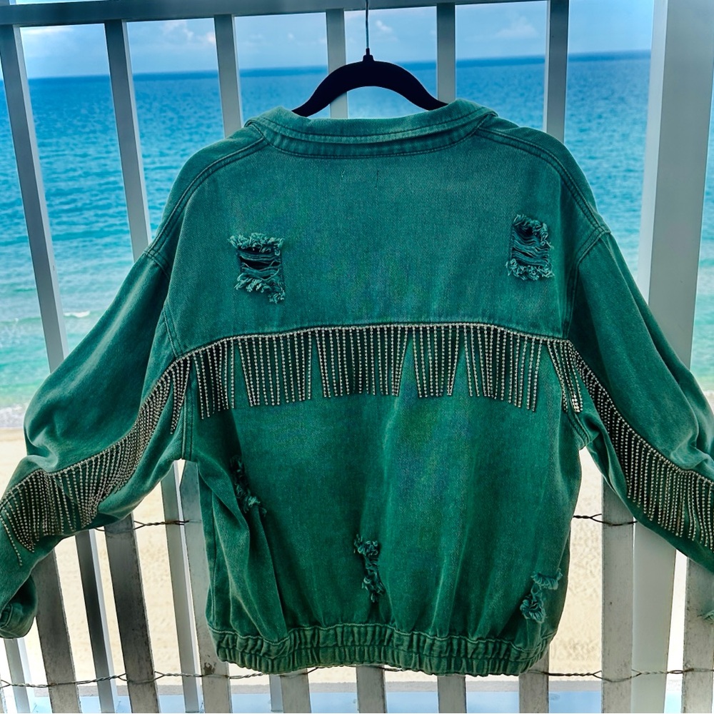 POL fringe turquoise/olive woman's Jean Jacket - Picture 4 of 10